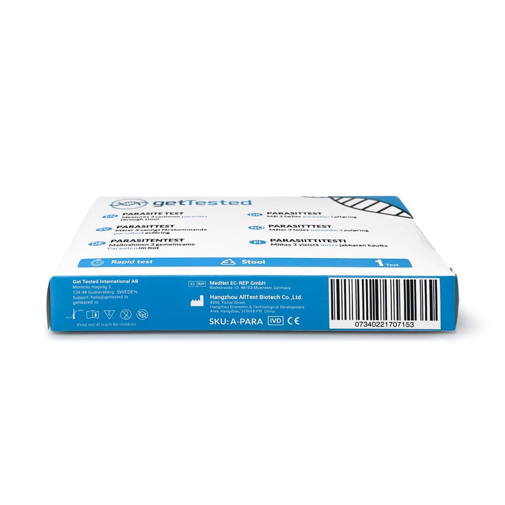GetTested Parasiten Test-Verpackung. Blaue und weiße Verpackung. Text: GetTested, Rapid Test, Stool, 1 Test. Barcode und CE-Kennzeichnung.
