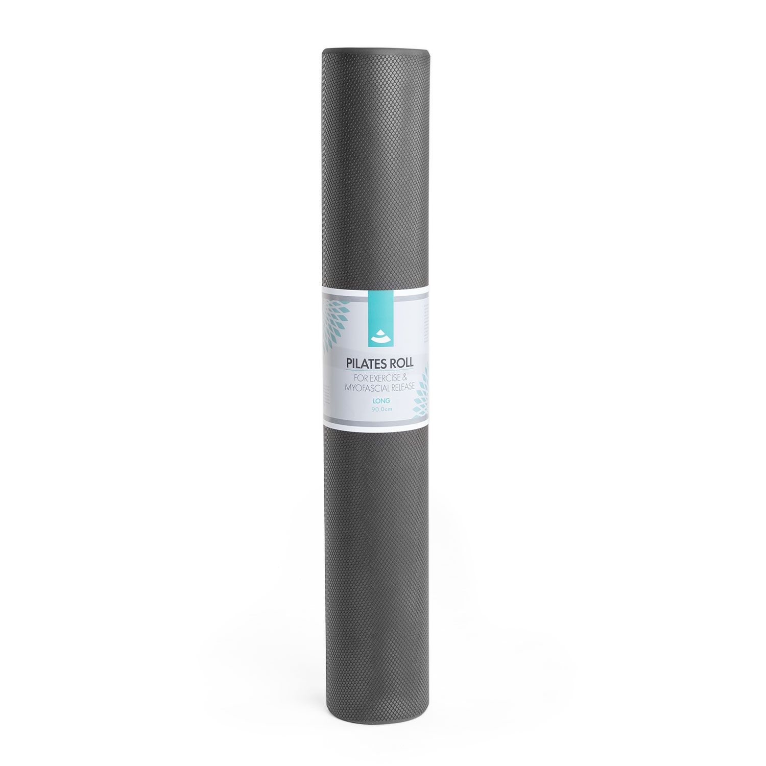 Anthrazitfarbene Pilates-Rolle. Aufgerollt, mit Band. Text: Pilates Rolle, lang. Marke sichtbar.