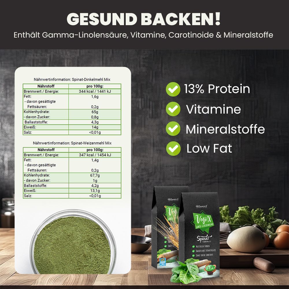Zwei Packungen SANUUS® VegiX Bio Dinkelmehl 630. Text: 13% Protein, Vitamine, Mineralstoffe, Low Fat. Nährwerttabelle. Schüssel mit Spinatpulver.