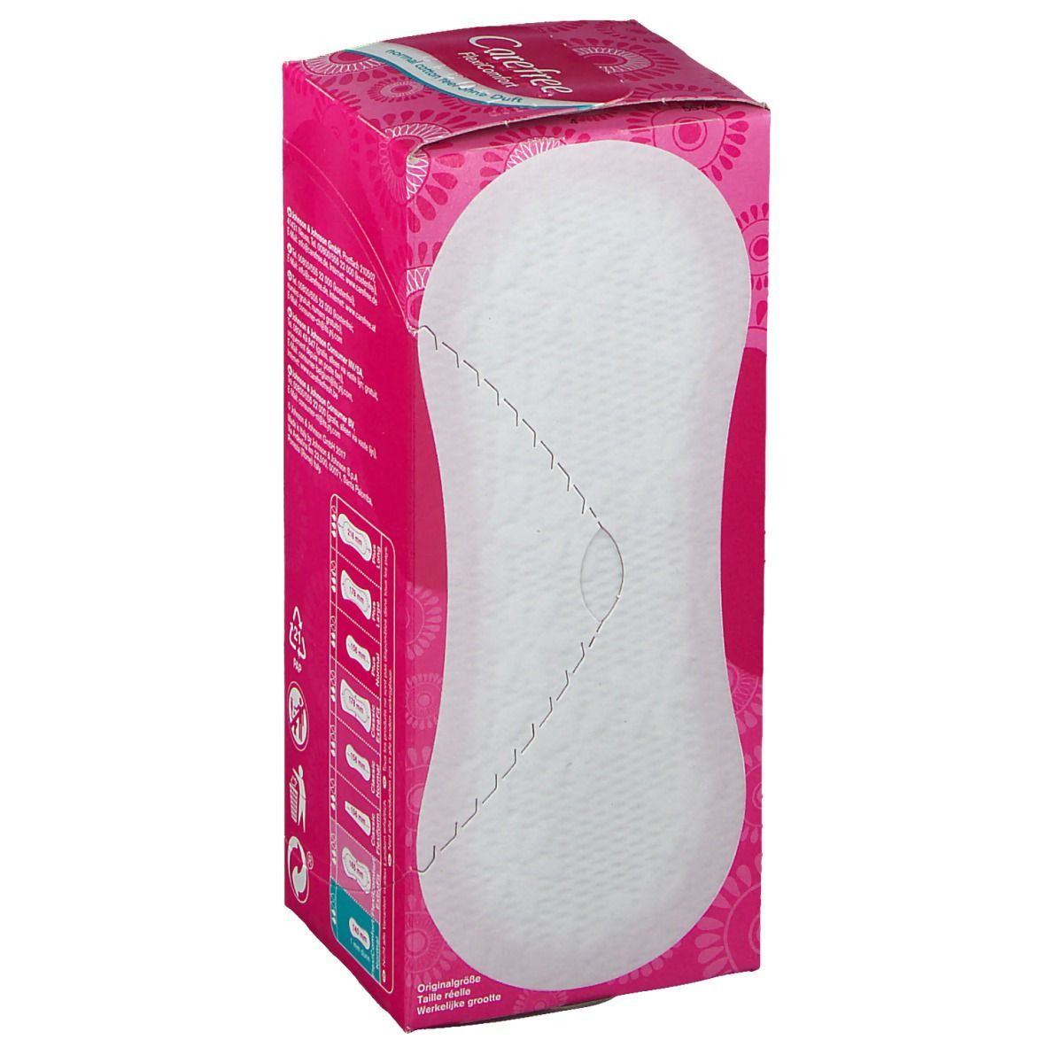 Rosa Verpackung mit einem weißen Produkt. Aufschrift: Carefree FlexiComfort. Produkt in der Verpackung sichtbar.