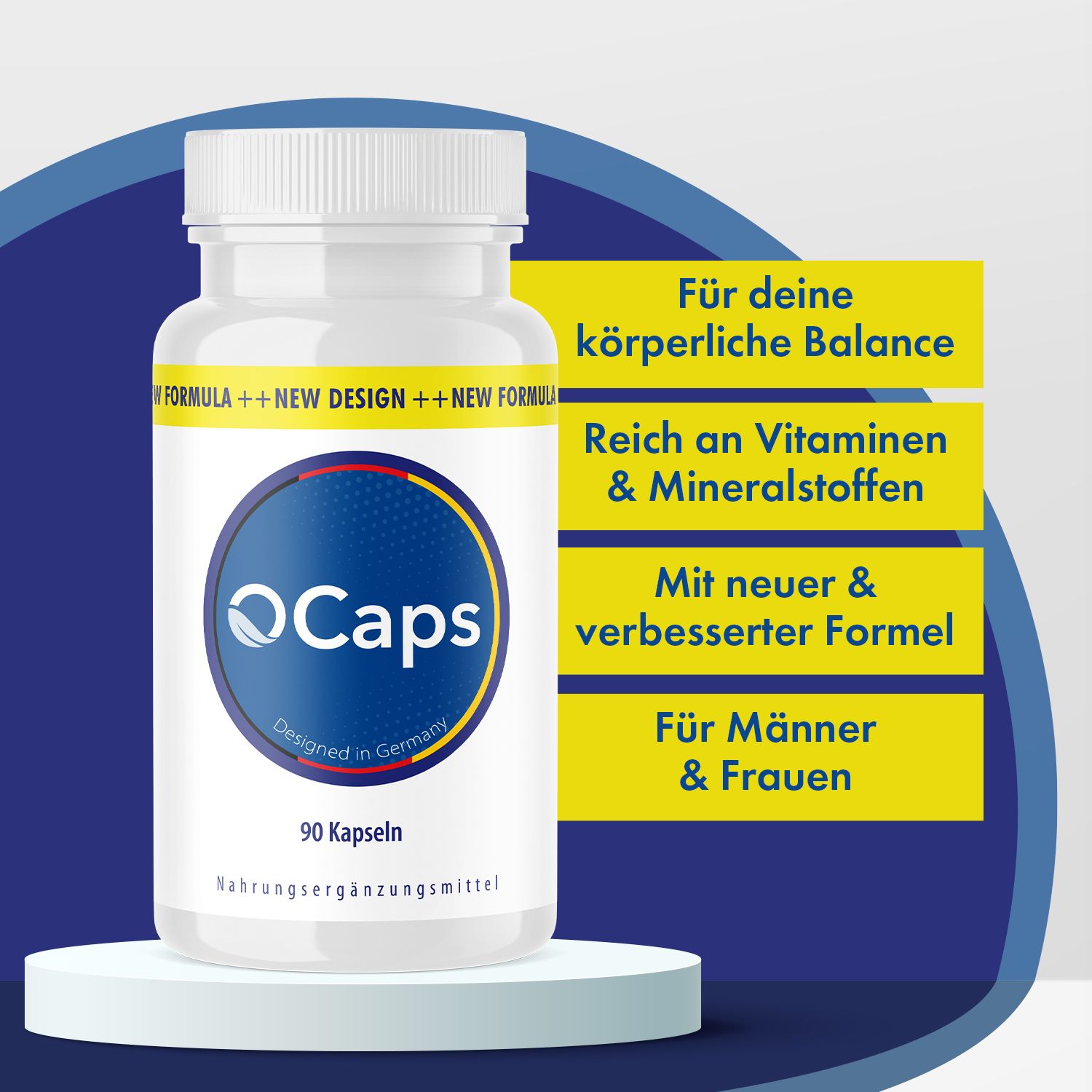 O Caps-Flasche mit 90 Kapseln. Auf gelbem Hintergrund: Vorteile, reich an Vitaminen, verbesserte Formel, für Männer und Frauen.