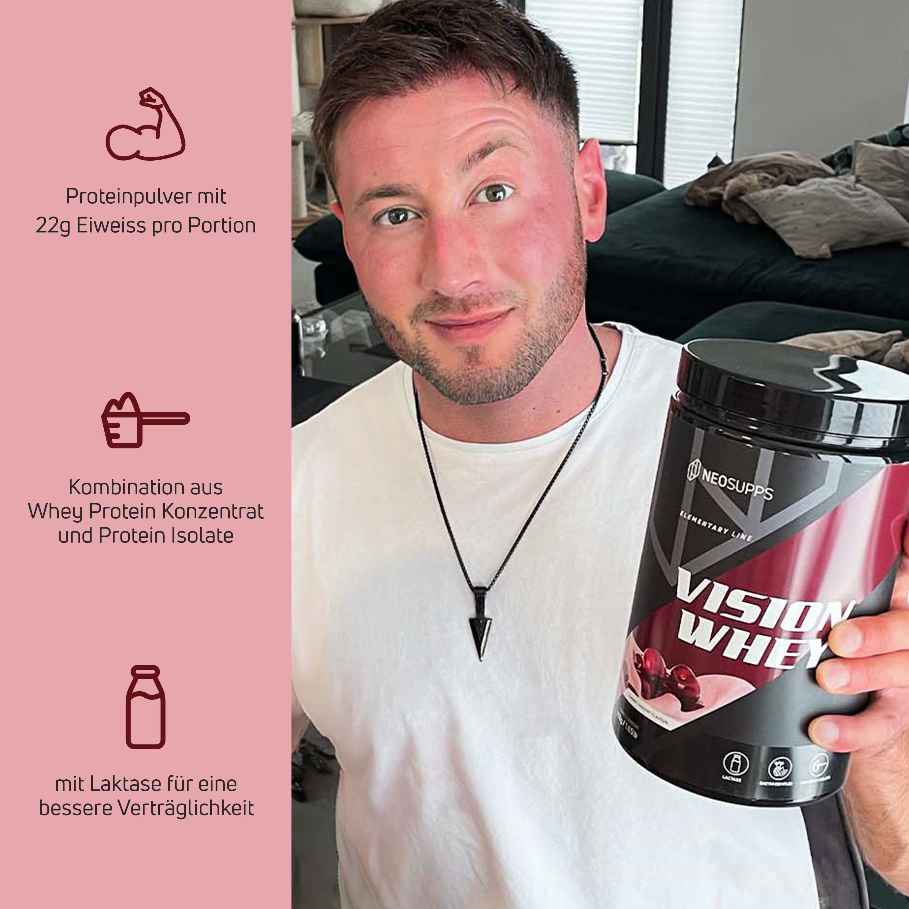 Mann hält Dose Vision Whey. Schwarze Dose mit rotem Etikett. Text: Vision Whey, Neosupps. Zusätzliche Grafiken und Text.