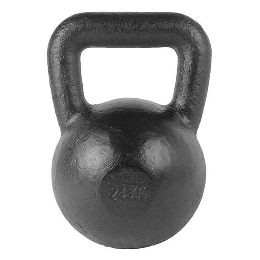 Schwarze Kettlebell. Kugelförmiger Körper mit Henkel. Gewicht: 24 kg. Oberfläche mit leichter Textur. Aufschrift "24KG".