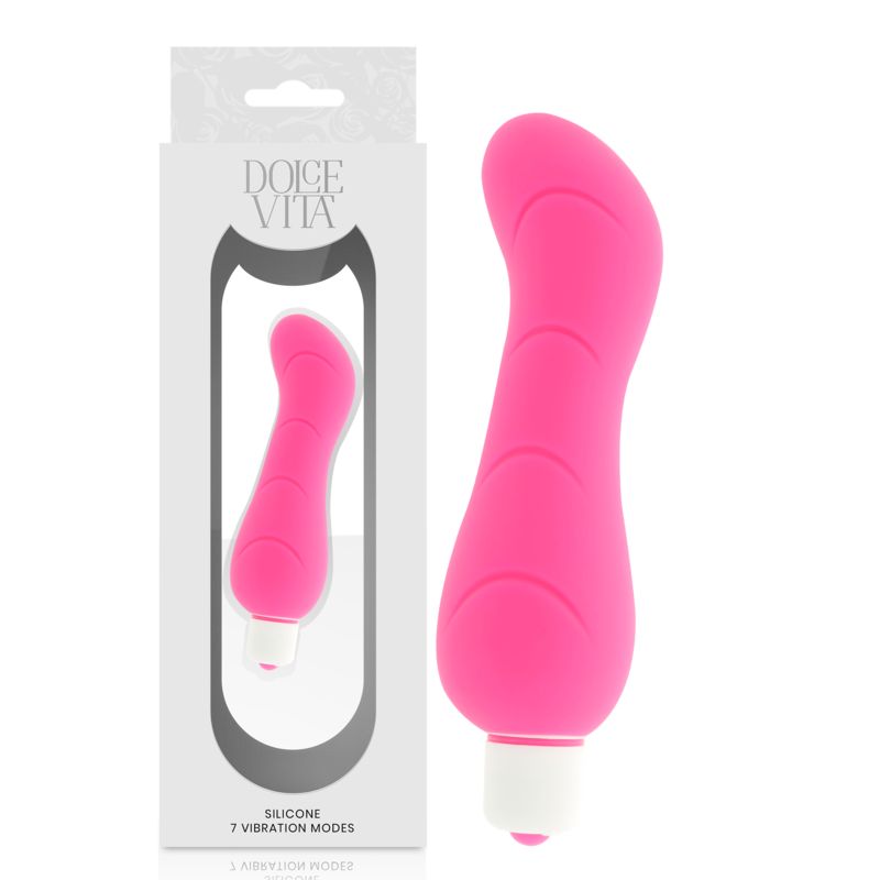 Rosa Vibrator aus Silikon. Verpackung mit Produktabbildung und Schriftzug Dolce Vita. Text: Silicone, 7 Vibration Modes.
