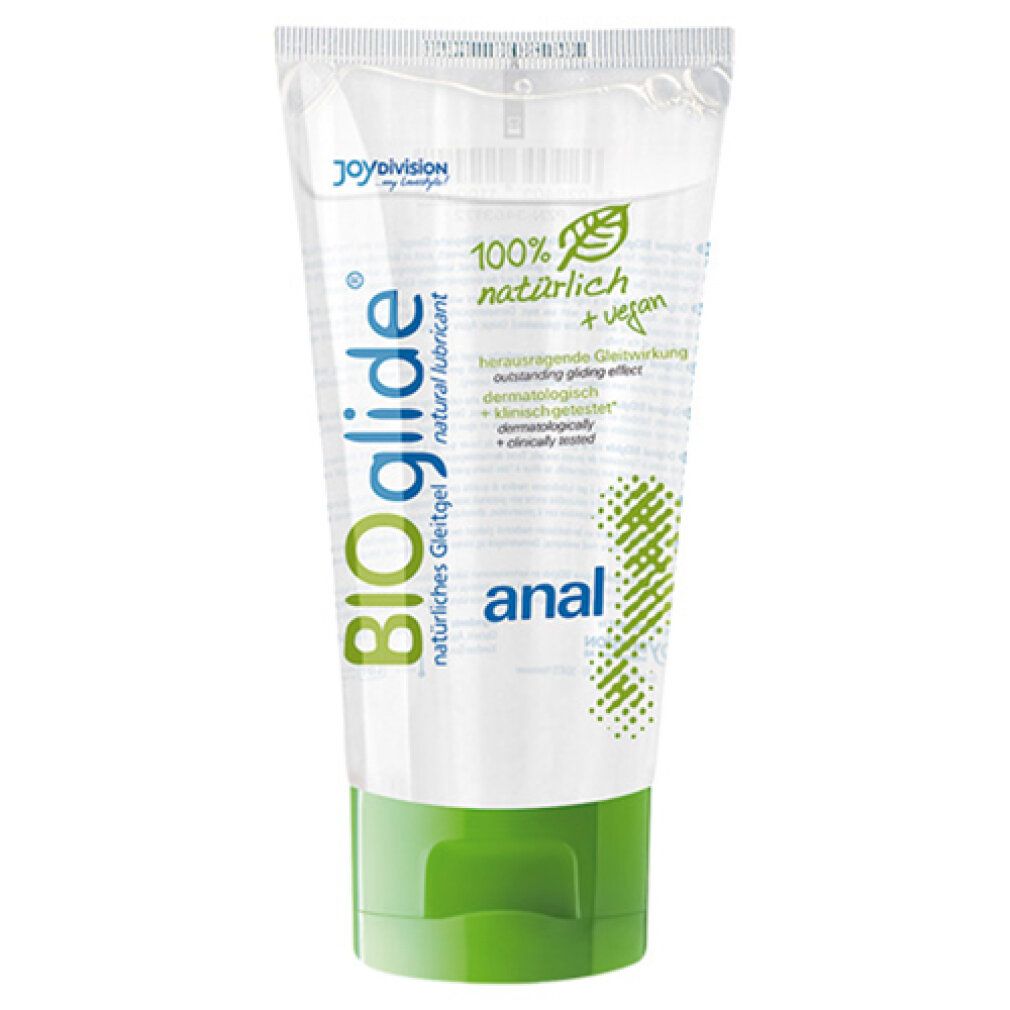 Tube mit transparentem Gel und grünem Verschluss. Aufschrift: BIOglide, anal. 100% natürlich + vegan.