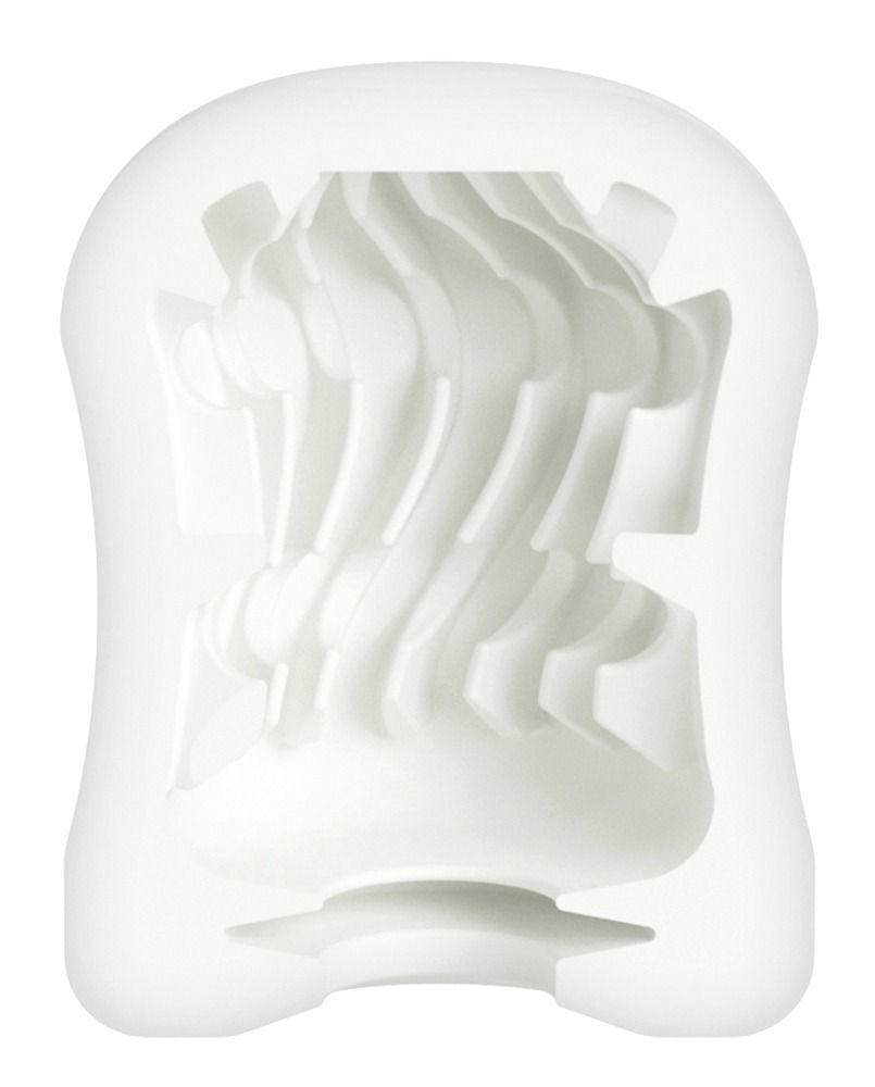 Weißes, zylindrisches Produkt mit gewellter Innenstruktur. Geformt für Intimbereich. Aus Kunststoff.