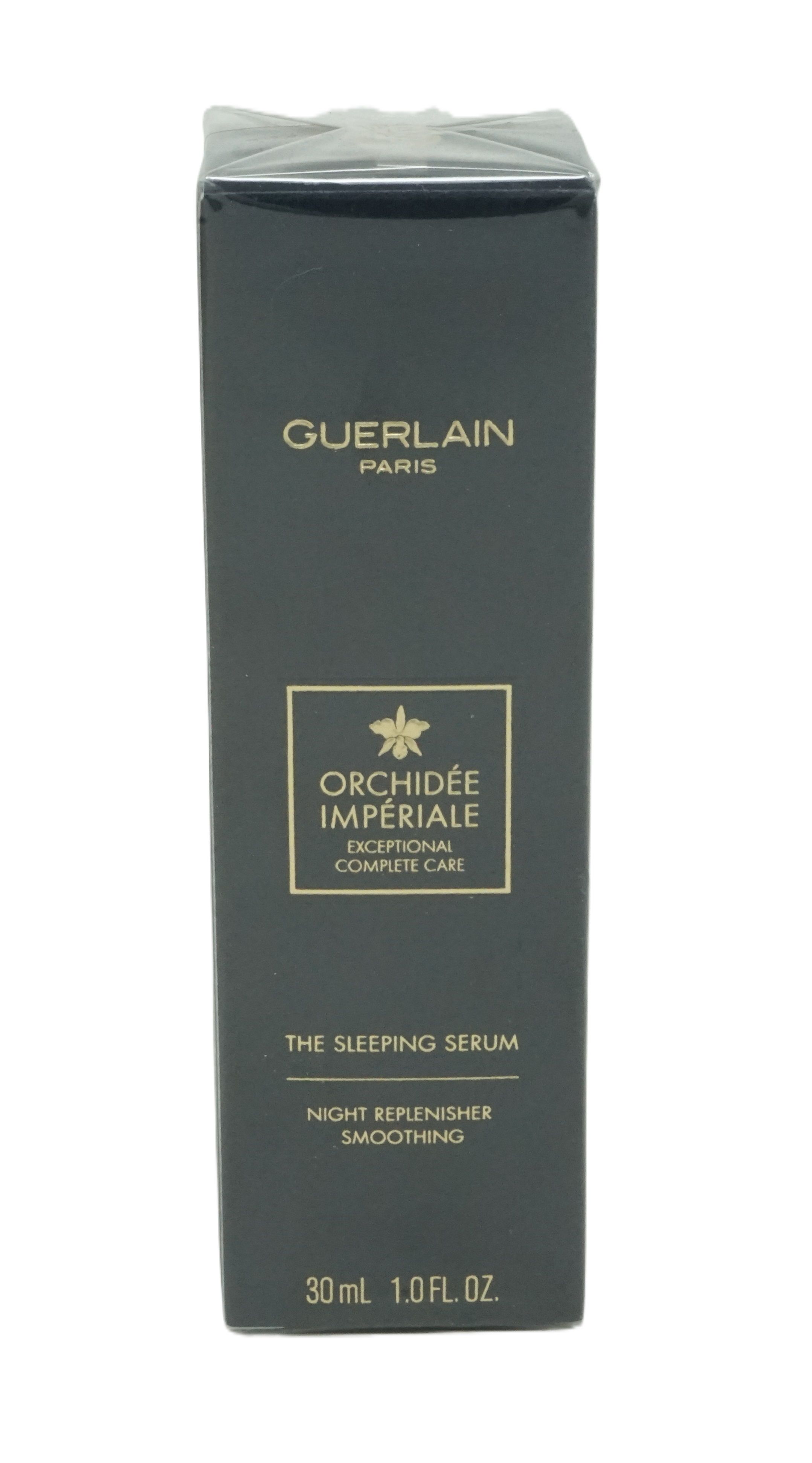 Schwarze Verpackung. Marke Guerlain, Orchidée Impériale, The Sleeping Serum. Goldene Schrift, 30 ml, 1.0 FL. OZ.