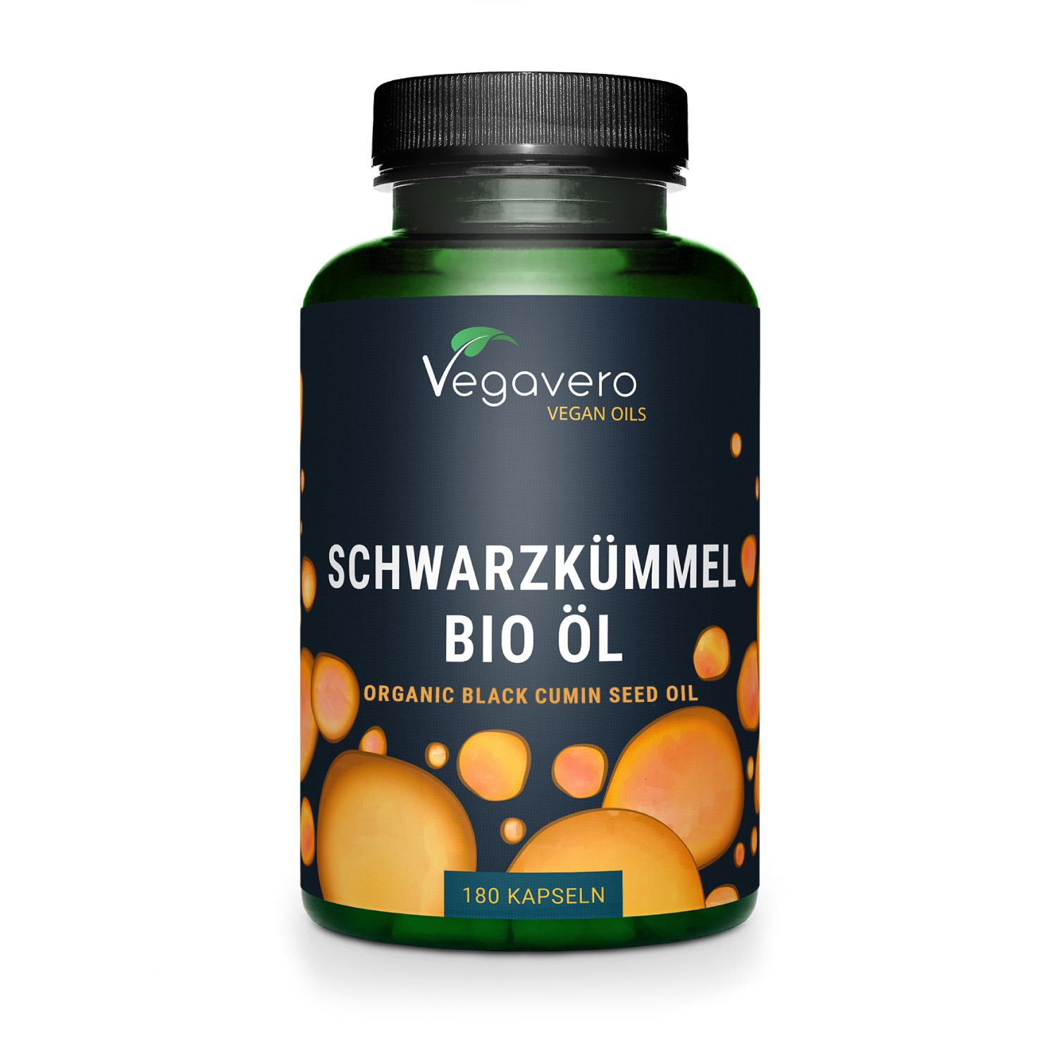 Grüne Flasche mit schwarzen Kapseln. Aufschrift: Schwarzkümmel Bio Öl. Vegan, 180 Kapseln. Vegavero Logo.