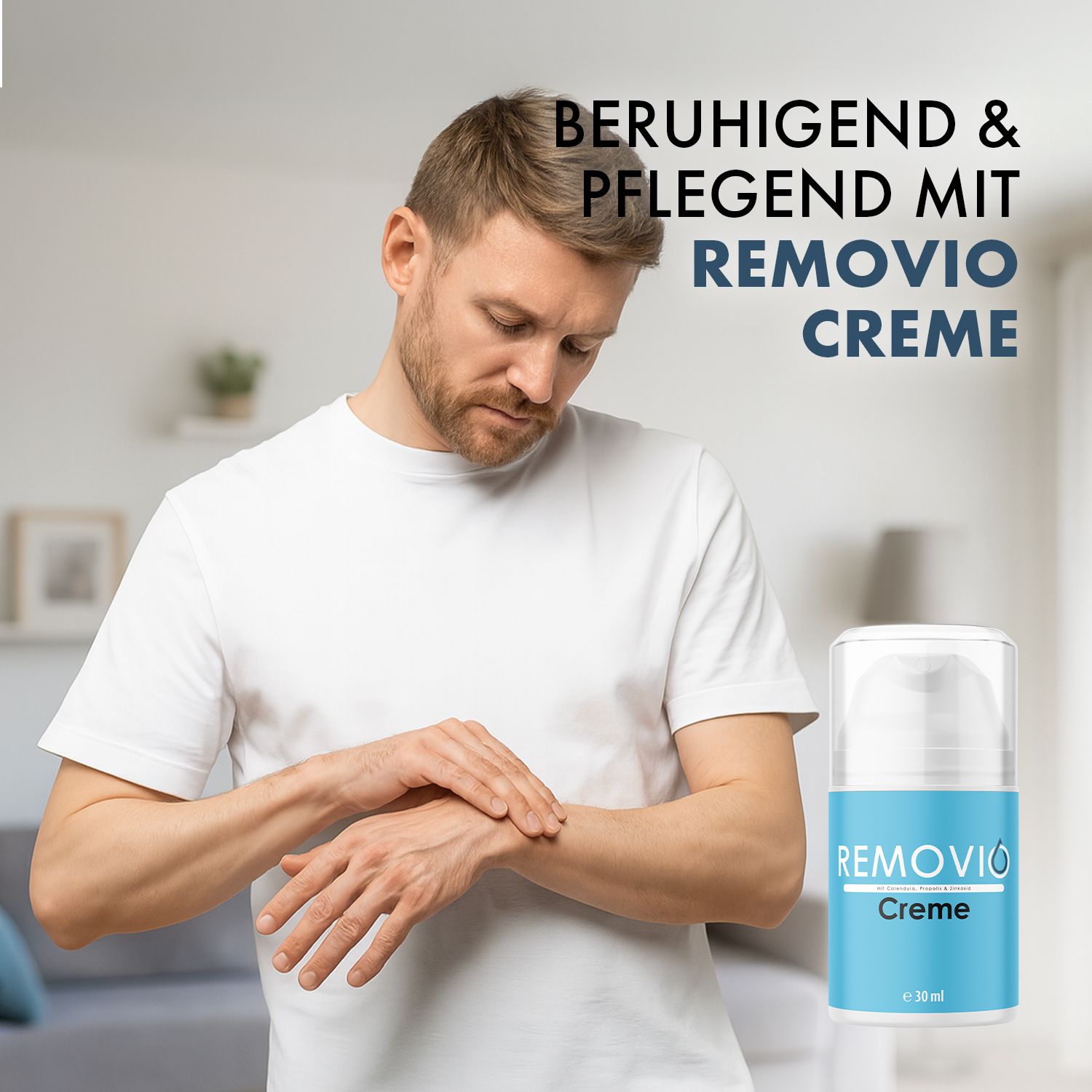 Mann betrachtet Hand. Aufschrift: Removio Creme. Vorteile: beruhigend & pflegend. Volumen: 30 ml.