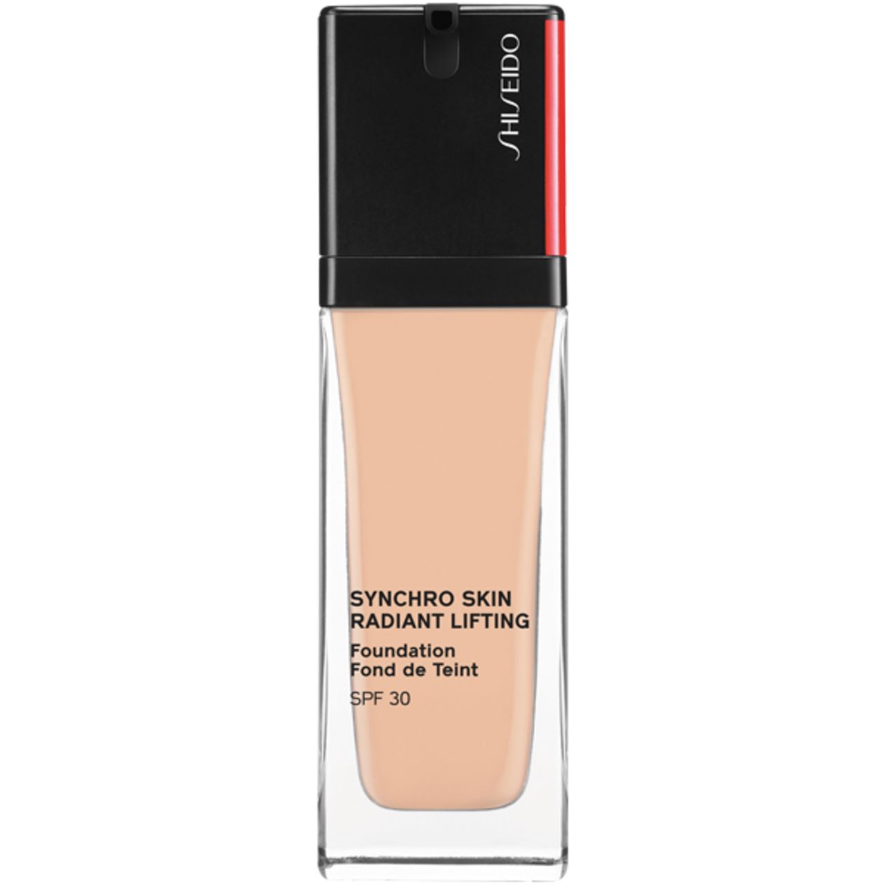 Kosmetikflasche mit beiger Foundation. Schwarzer Deckel mit Shiseido-Logo. Produktname: Synchro Skin Radiant Lifting Foundation, SPF 30.