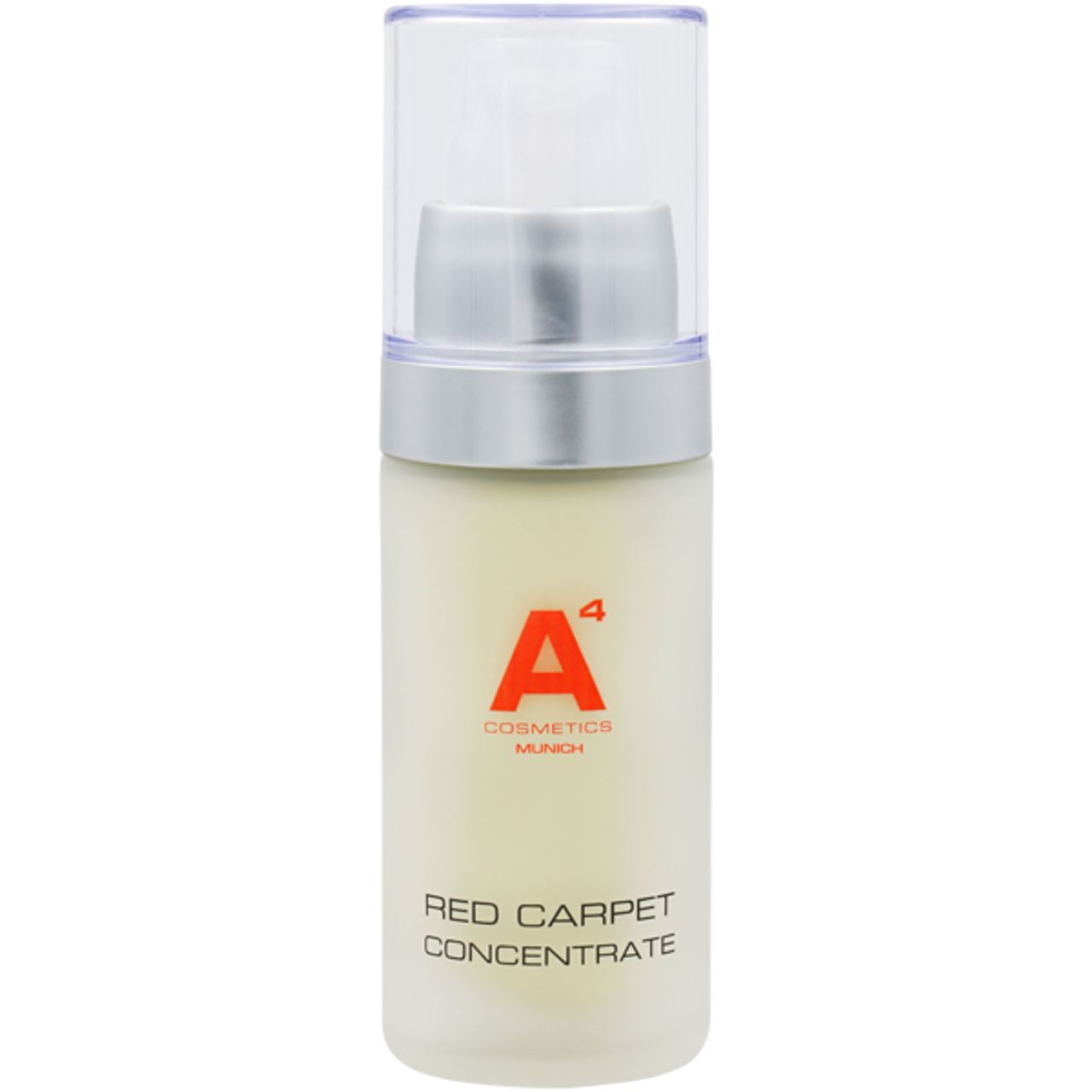 A4 Cosmetics Red Carpet Concentrate. Flasche mit Dosierpumpe. Rote Schrift, Logo. Enthält Wirkstoffe wie Arganöl und Aloe Vera.