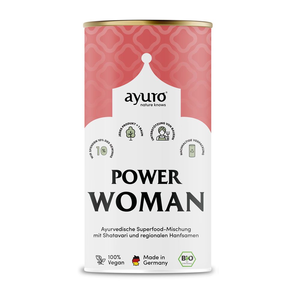 Zylindrische Dose mit rotem Muster und weißem Etikett. Aufschrift: POWER WOMAN. Logo: ayuro.