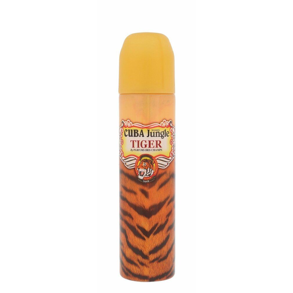 Parfumspray mit gelbem Deckel und Tigerfellmuster. Aufschrift: Cuba Jungle Tiger. Eau de Parfum.