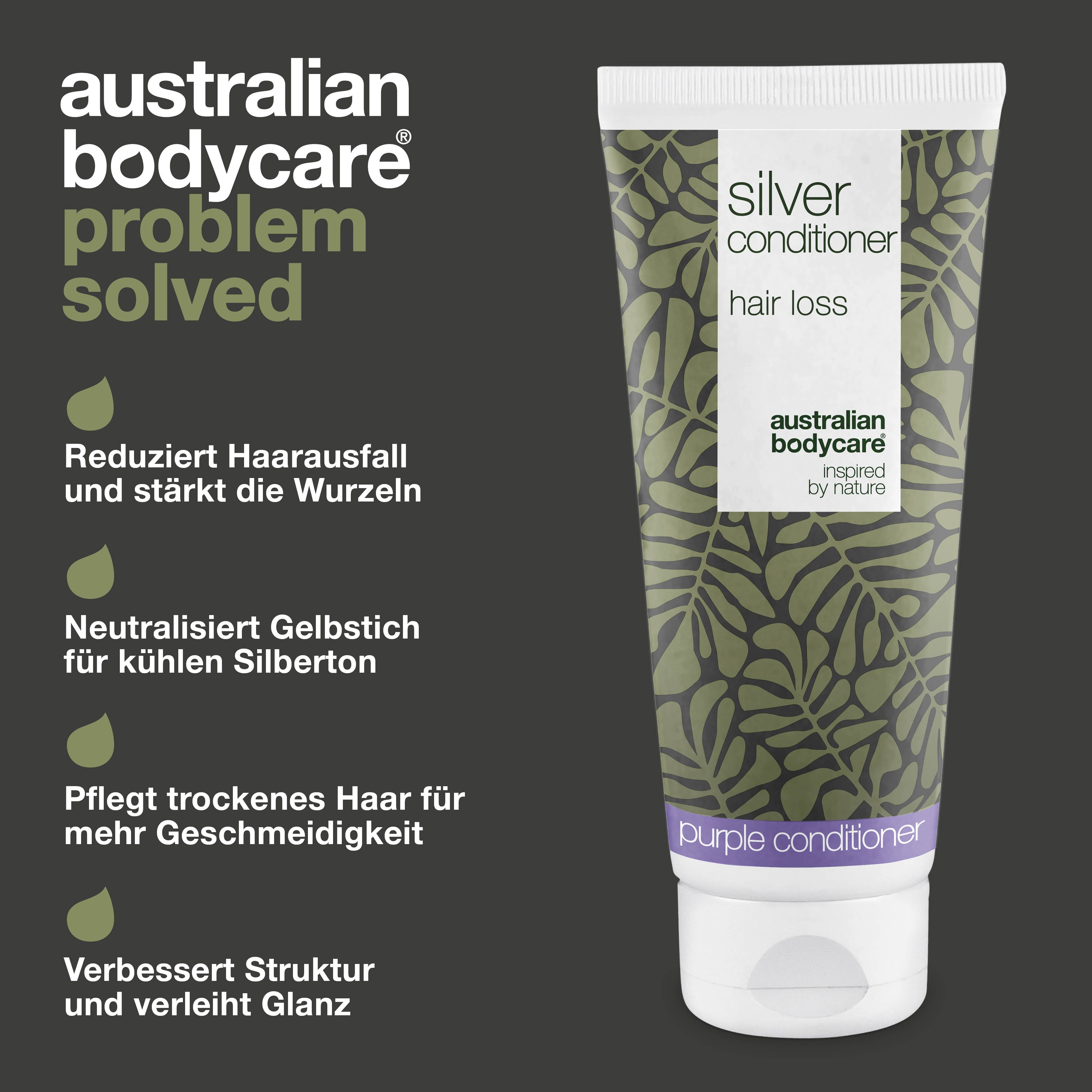 Werbung mit Tube Conditioner. Text: Problem gelöst. Reduziert Haarausfall, neutralisiert Gelbstich, hydratisiert. Australian Bodycare.