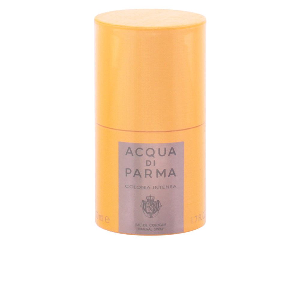 Zylindrische, orangefarbene Verpackung. Auf dem Etikett steht ACQUA DI PARMA COLONIA INTENSA.