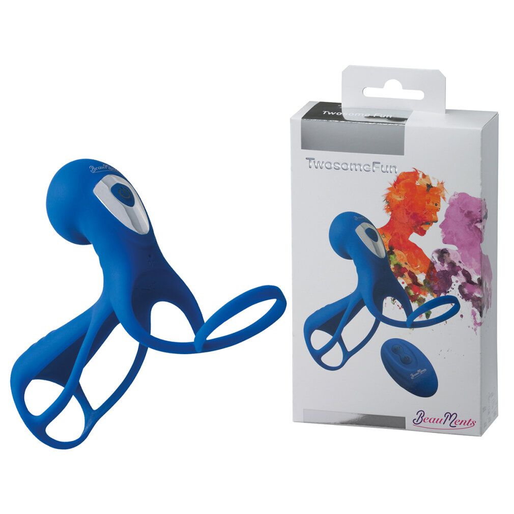 Produkt und Verpackung. Blaues Wellness-Produkt und ovale Fernbedienung. Verpackung mit Logo.