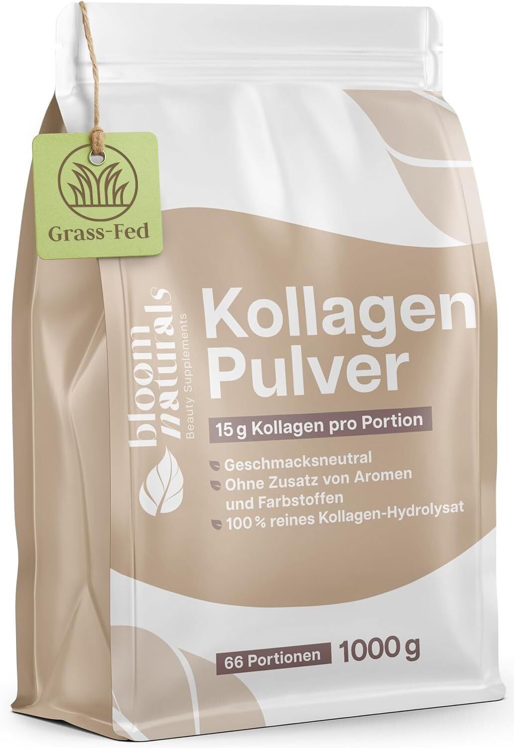 Bloom Naturals Kollagen Pulver Beutel mit 1000g Inhalt und 66 Portionen. Mit 'Grass-Fed' Siegel.