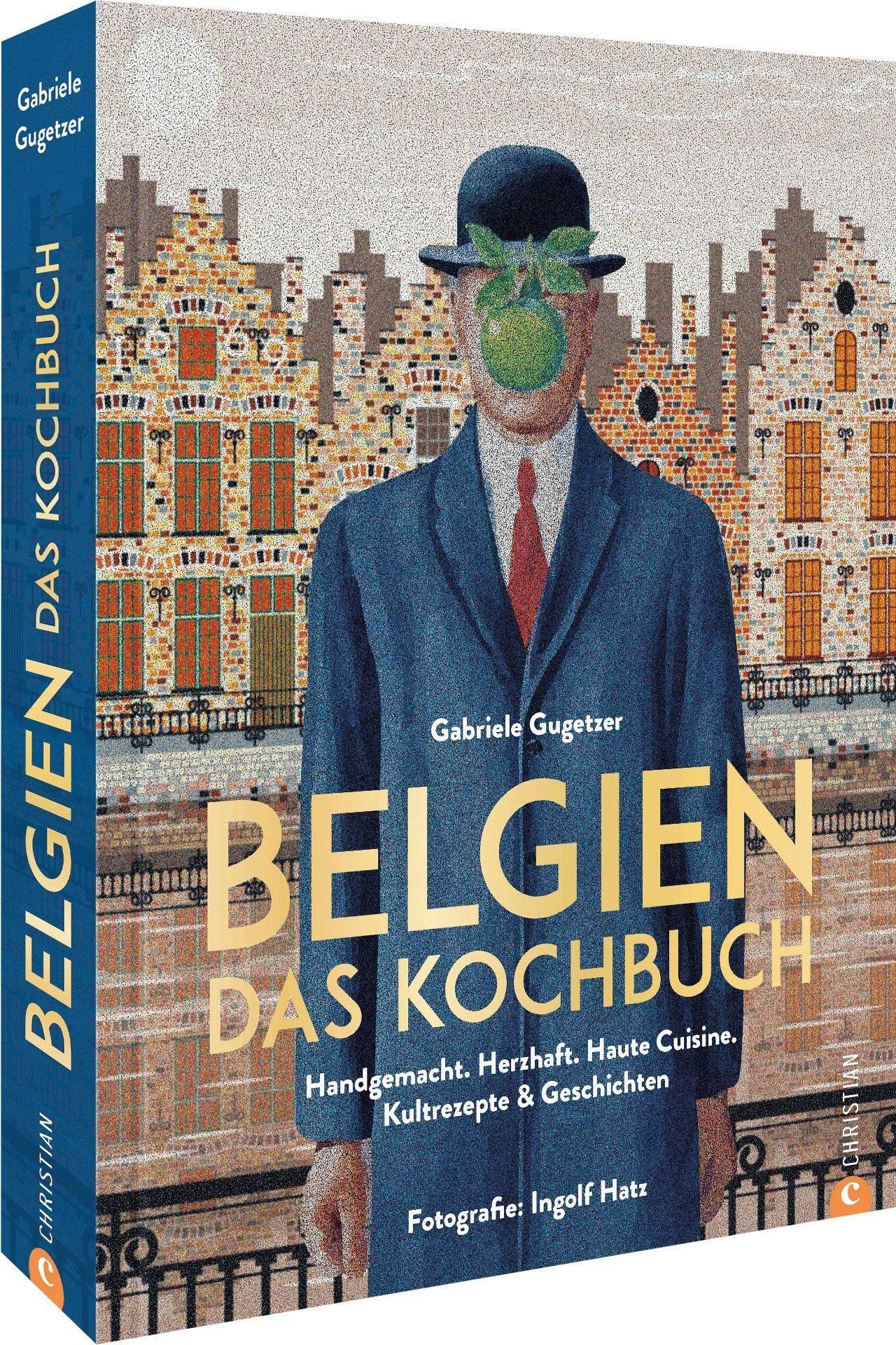 Buchcover: Belgisch kochen. Titel und Autor sichtbar. Illustration eines Mannes mit Apfelgesicht vor Häusern. Verlag: Christian.