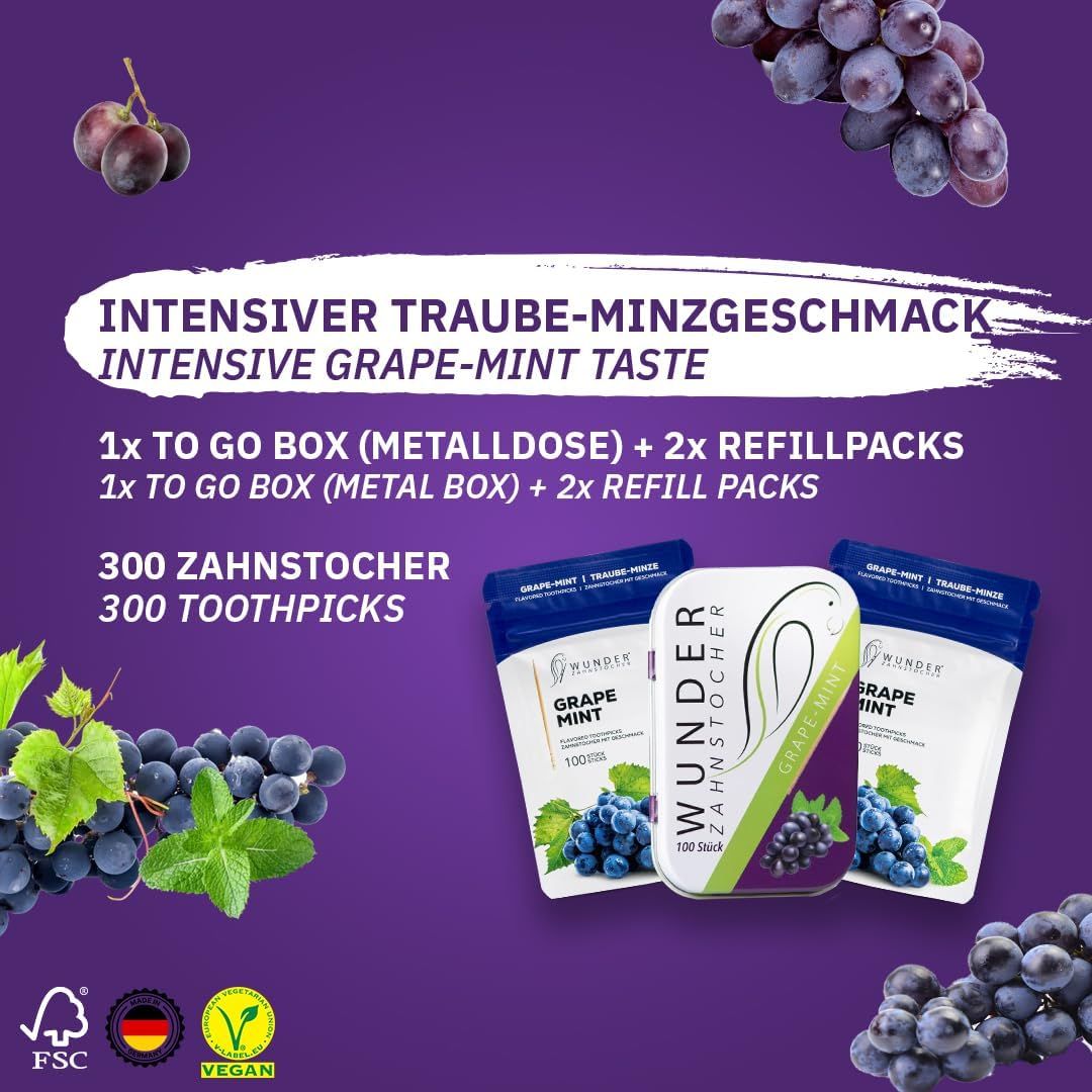 Drei Packungen Zahnstocher. Eine Metallbox mit "Wunder Zahnstocher". Trauben- und Minz-Illustrationen. Text: "Intensiver Traube-Minzgeschmack".