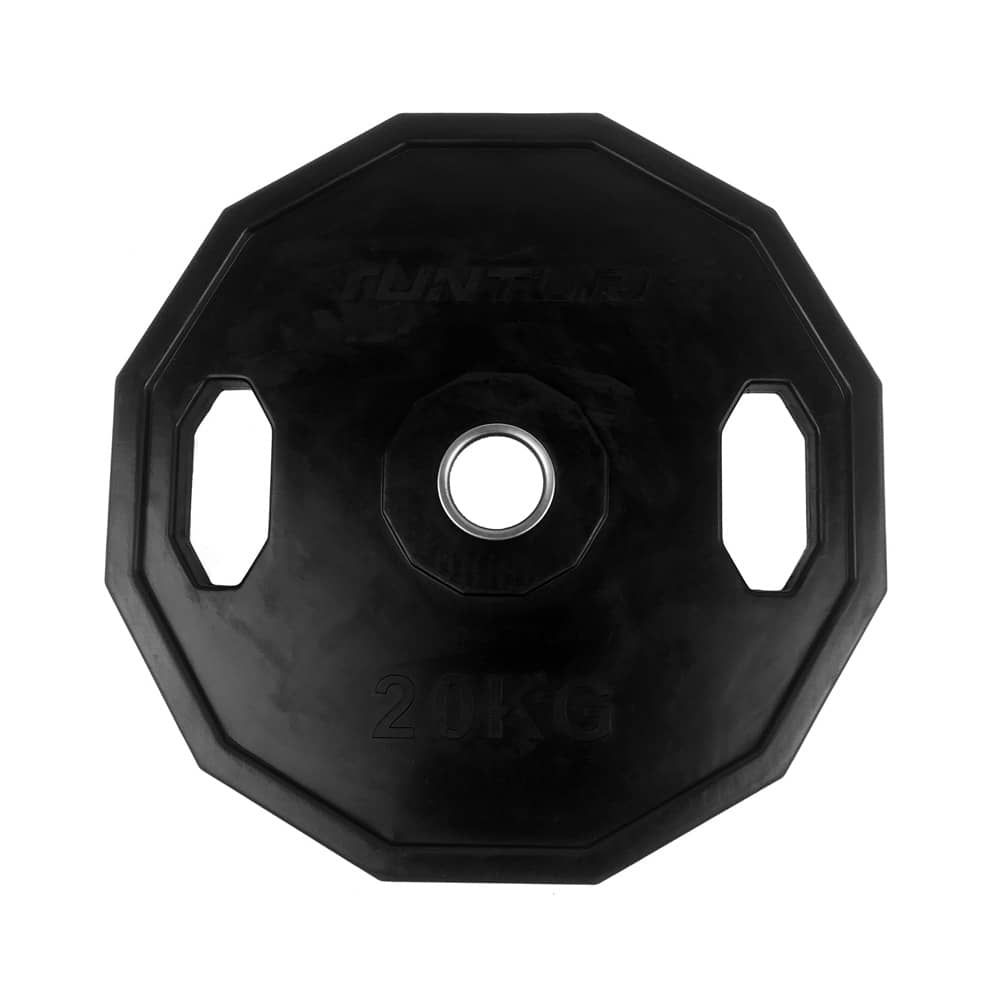 Schwarze, achteckige Gewichtsscheibe mit Grifföffnungen und 20KG-Aufdruck. Gummiert.