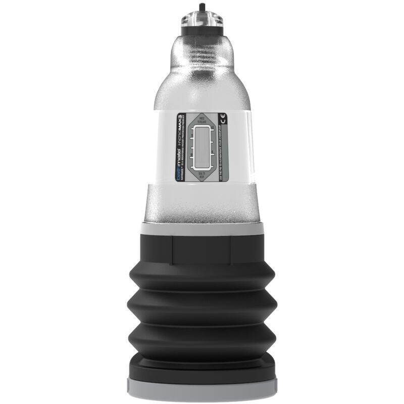 Transparentes Produkt mit schwarzem Faltenbalg. Aufschrift HYDROMAX3. Grauer Sockel. Oberteil mit Aufsatz.