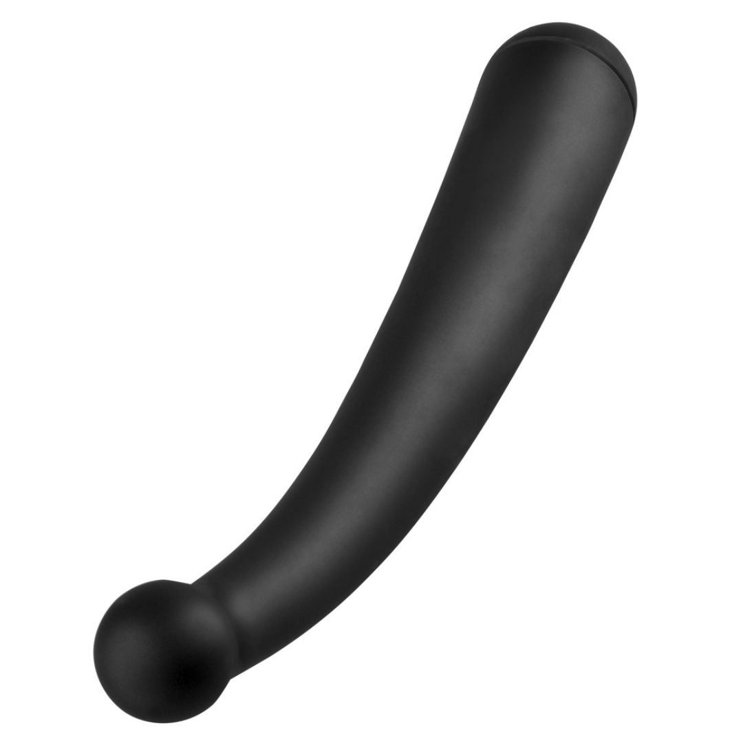 Schwarzes, gebogenes Wellness-Produkt mit kugelförmigem Ende. Glatte Oberfläche.
