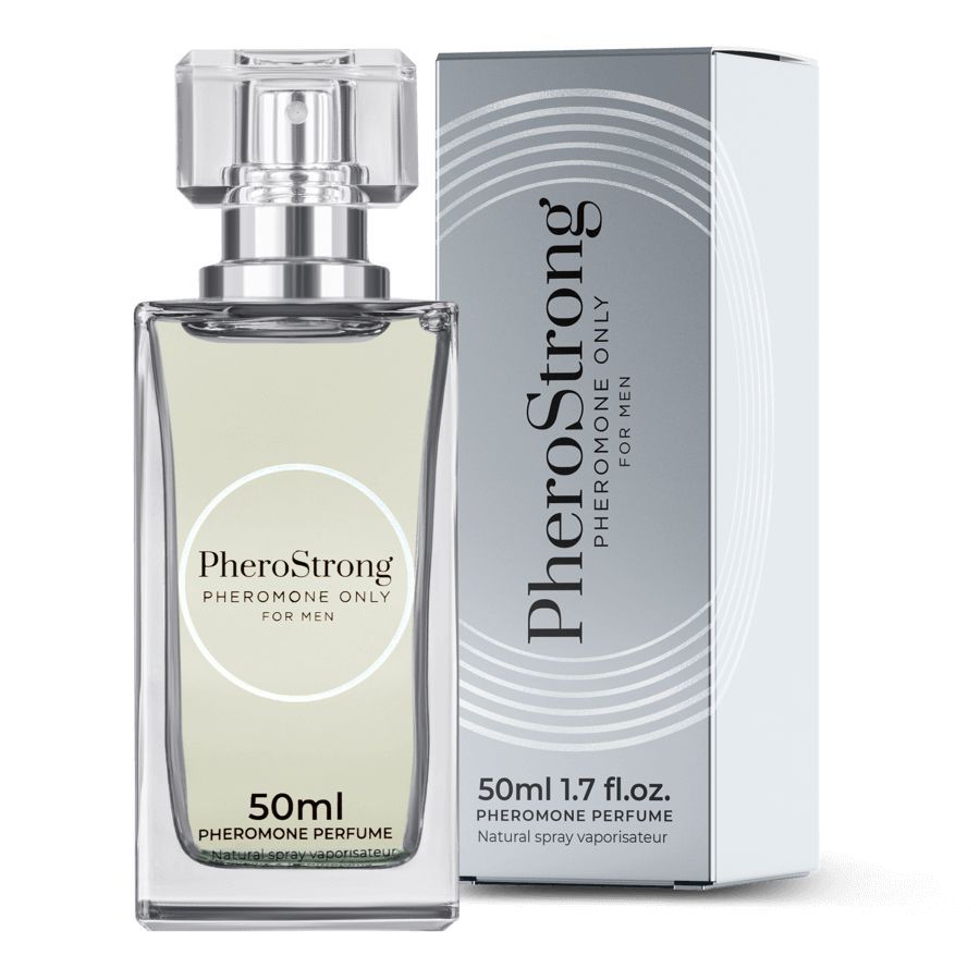 PheroStrong Pheromon Parfüm für Männer, 50ml Flakon mit silberner Verpackung.