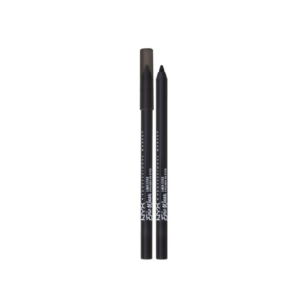 Zwei schwarze NYX Professional Makeup Epic Wear Liner Sticks. Zylindrische Form, schwarze Hülse, schwarze Spitze. Markenschriftzug.