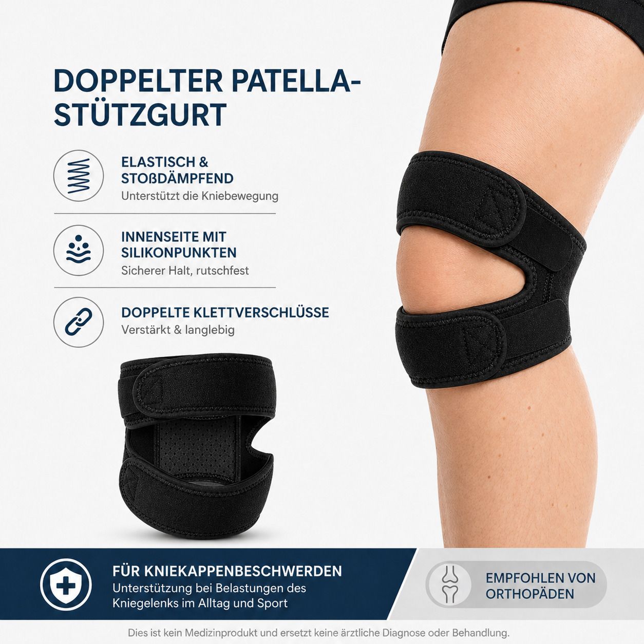 Schwarze Kniebandage mit Klettverschlüssen. Silikonpunkte innen. Elastisch und stoßdämpfend. Für Kniekappenbeschwerden.