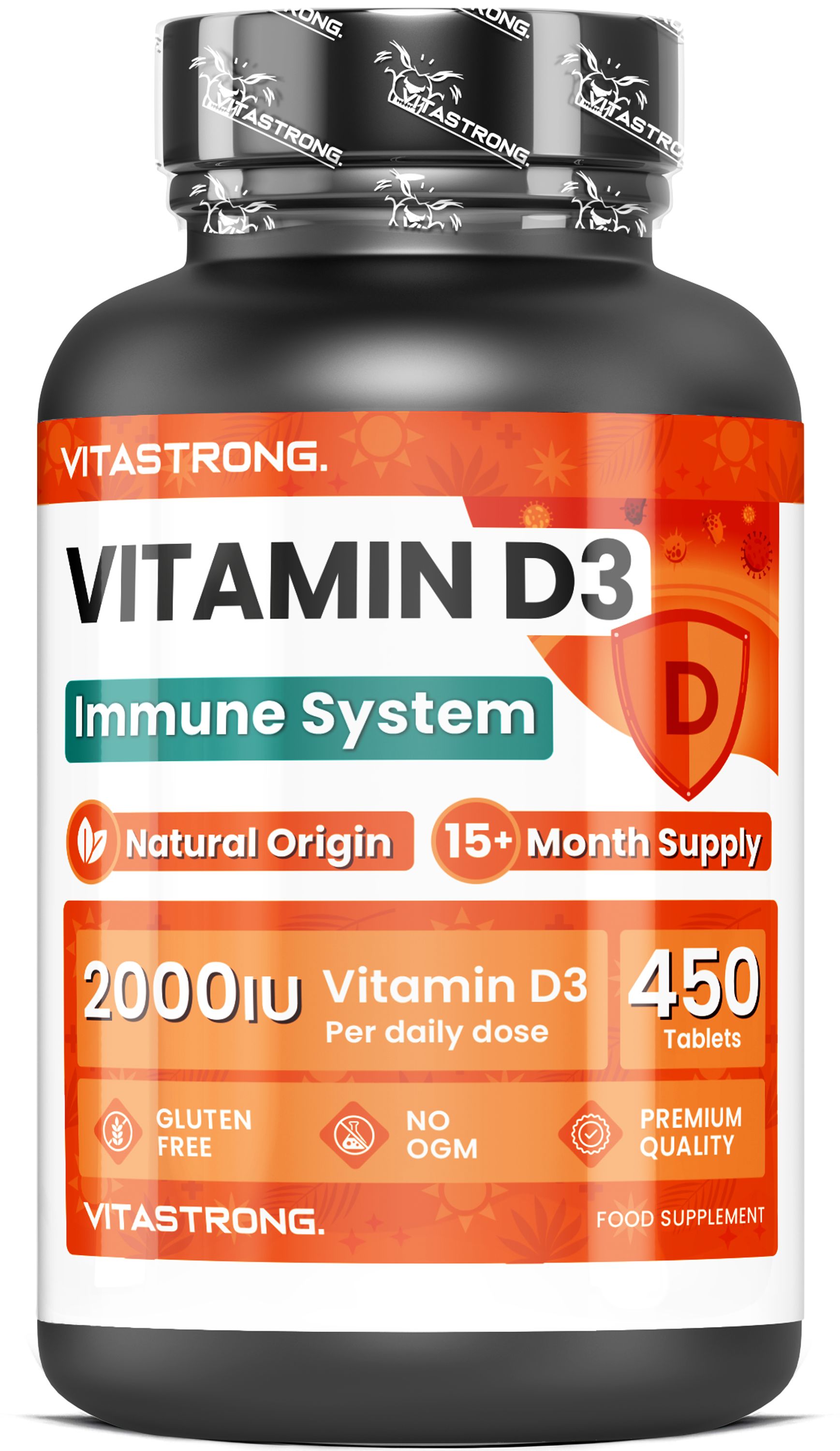 Vitastrong Vitamin D3 Flasche, 450 Tabletten, 2000 IE, Immunsystem.