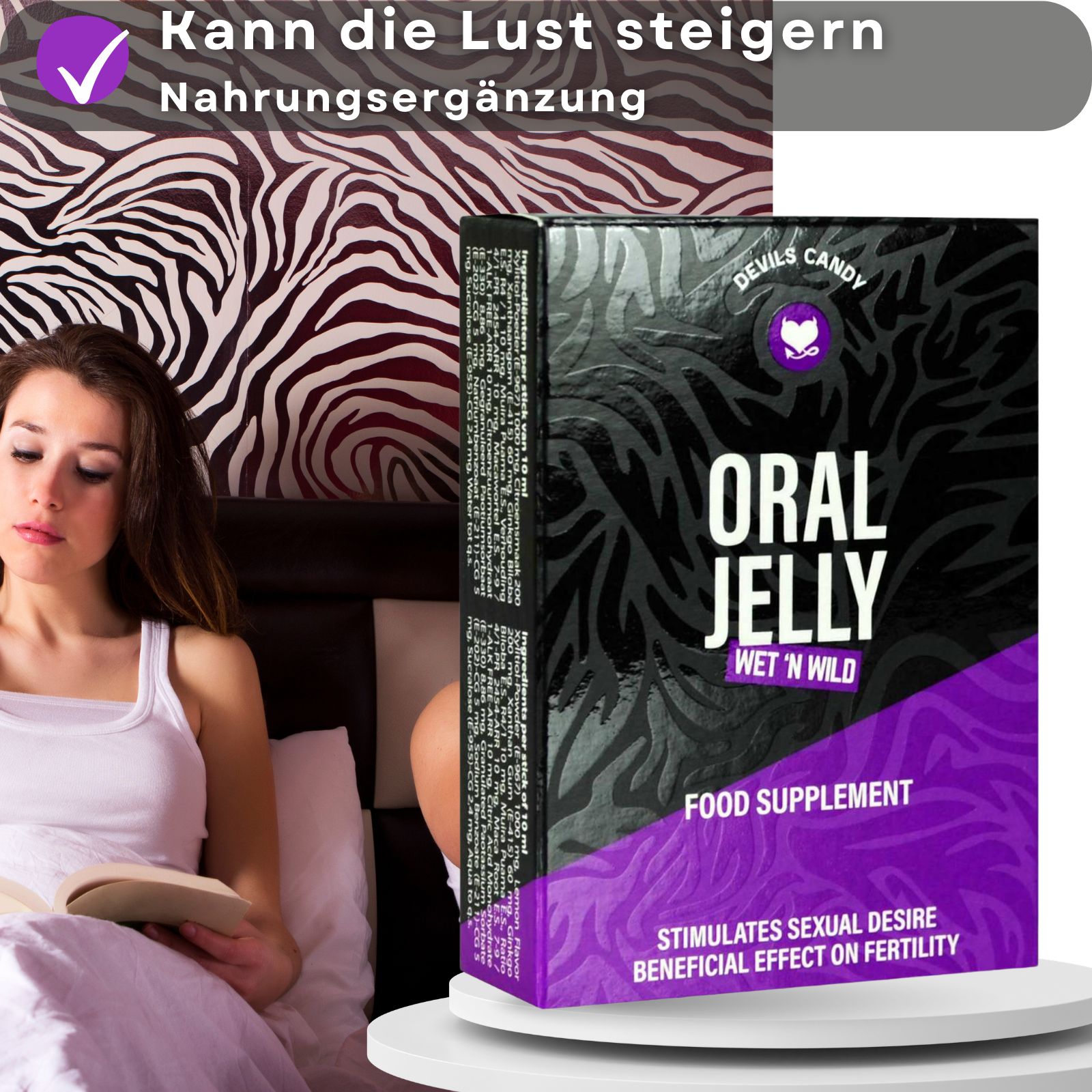 Frau liest. Schachtel mit „Oral Jelly“ Schriftzug. Enthält „Wet 'n Wild“ und „Food Supplement“. Lila Akzente.