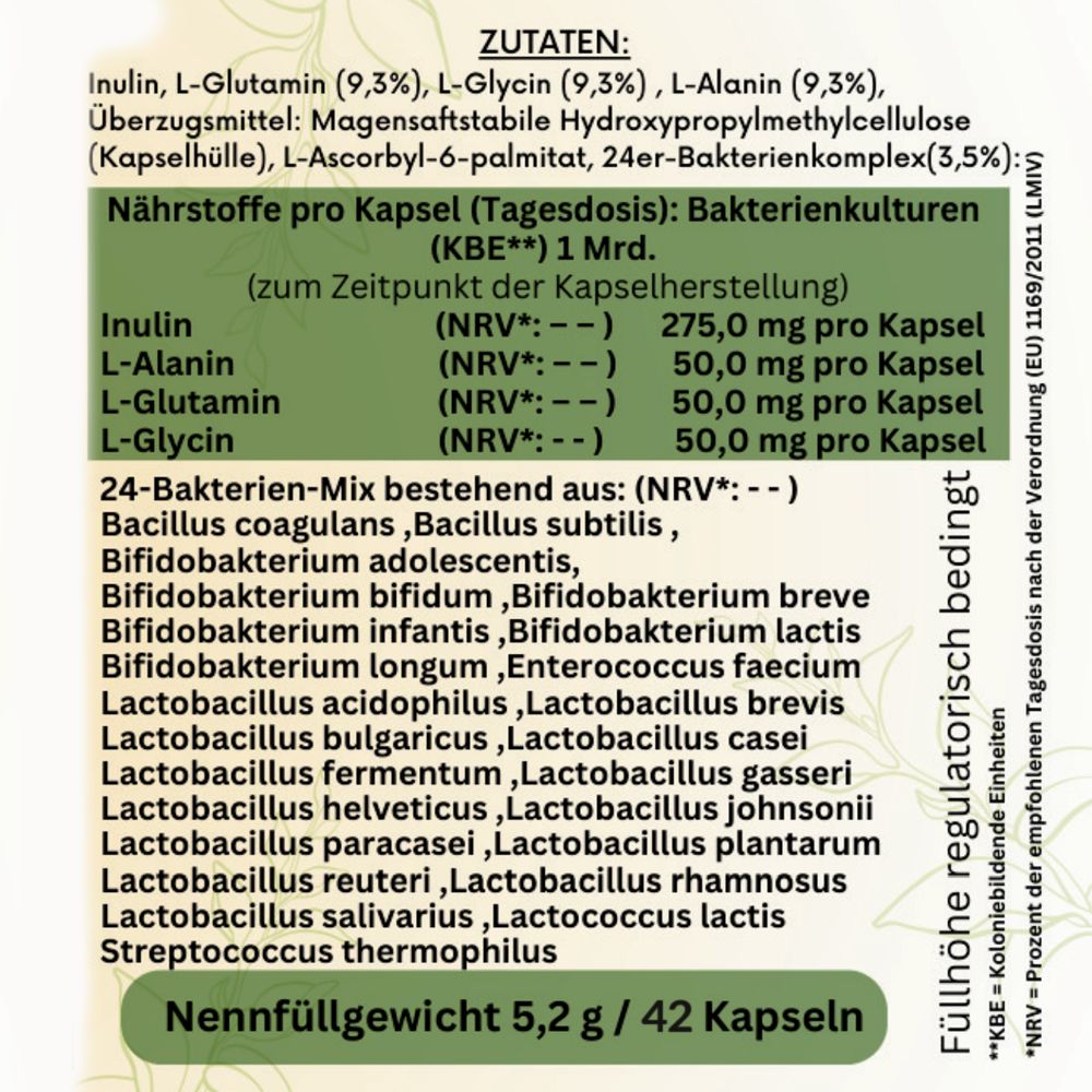 Zutatenliste auf grünem Hintergrund. Enthält Inulin, L-Glutamin, L-Glycin, L-Alanin, 24-Bakterienkomplex. Nährstoffe pro Kapsel: Bakterienkulturen.