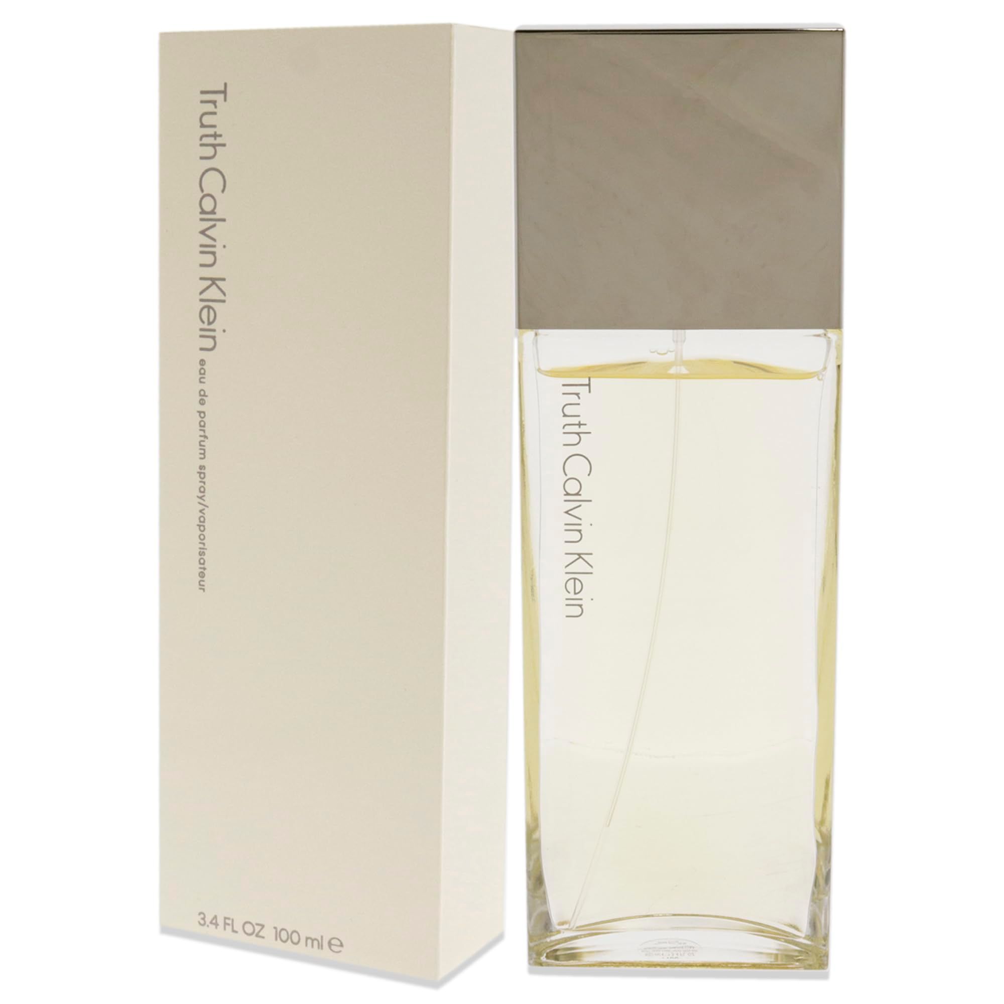 Parfümflasche und Verpackung. Flasche rechteckig, transparent mit silbernem Deckel. Verpackung beige.