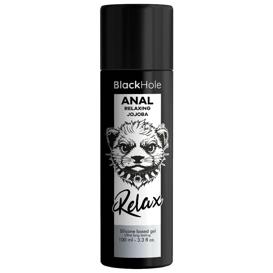 Black Hole Anal Relaxing Jojoba Gel, 100ml Flasche mit Tierabbildung und "Relax" Schriftzug.