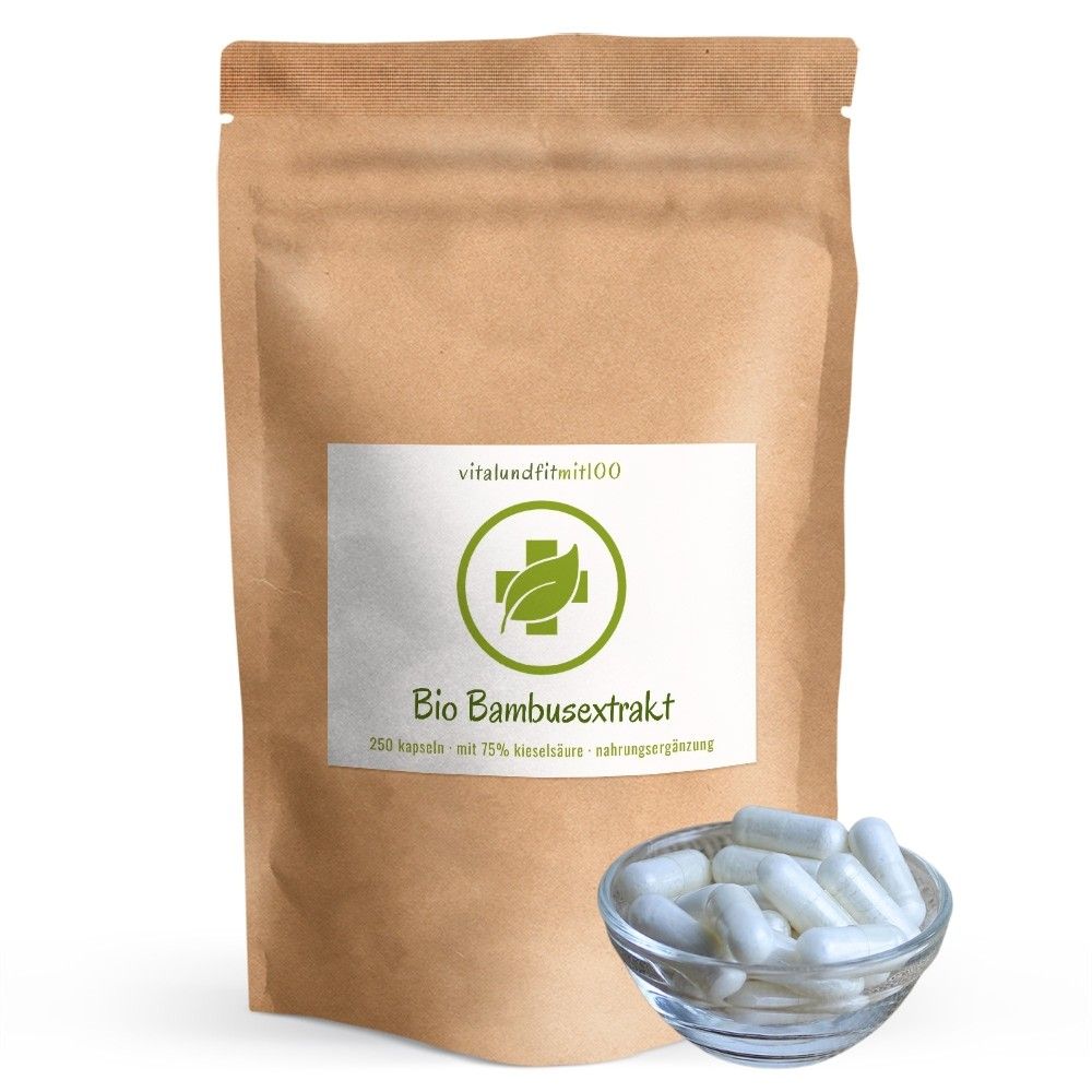 Braune Papiertüte mit weißem Etikett. Aufschrift: Bio Bambusextrakt. Daneben eine Glasschale mit Kapseln.
