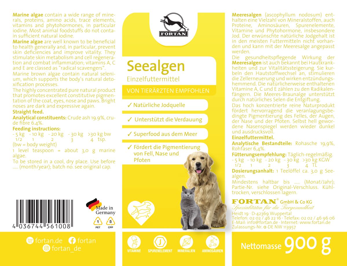 Nahaufnahme der Produktverpackung. Text: FORTAN Seealgen, Einzel-Futtermittel. Abbildung von Hund und Katze.