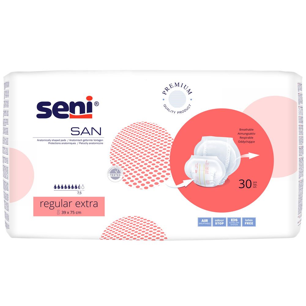 Verpackung mit Seni San Regular Extra anatomische Vorlagen. 30 Stück. Aufdruck: Seni, SAN, regular extra, 39 x 75 cm. Mit Premium-Qualitätssiegel.