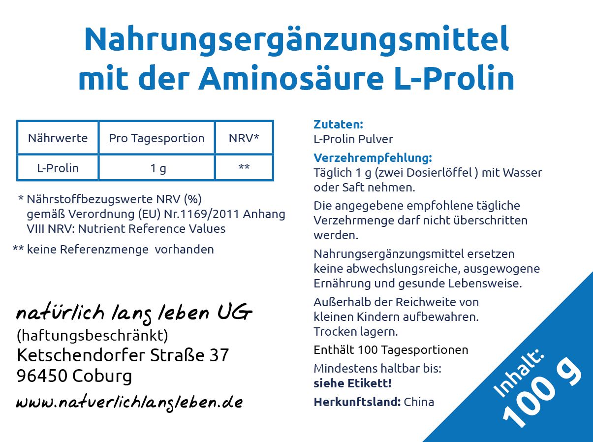 Etikett mit Informationen zu L-Prolin Pulver. Enthält Nährwerttabelle, Zutaten, Verzehrempfehlung und Herstellerangaben.