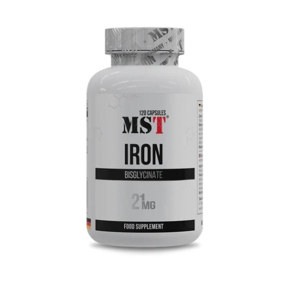 Weiße Flasche mit MST Iron Bisglycinate. Schwarzes Etikett mit Produktnamen und 21mg. 120 Kapseln. Nahrungsergänzungsmittel.