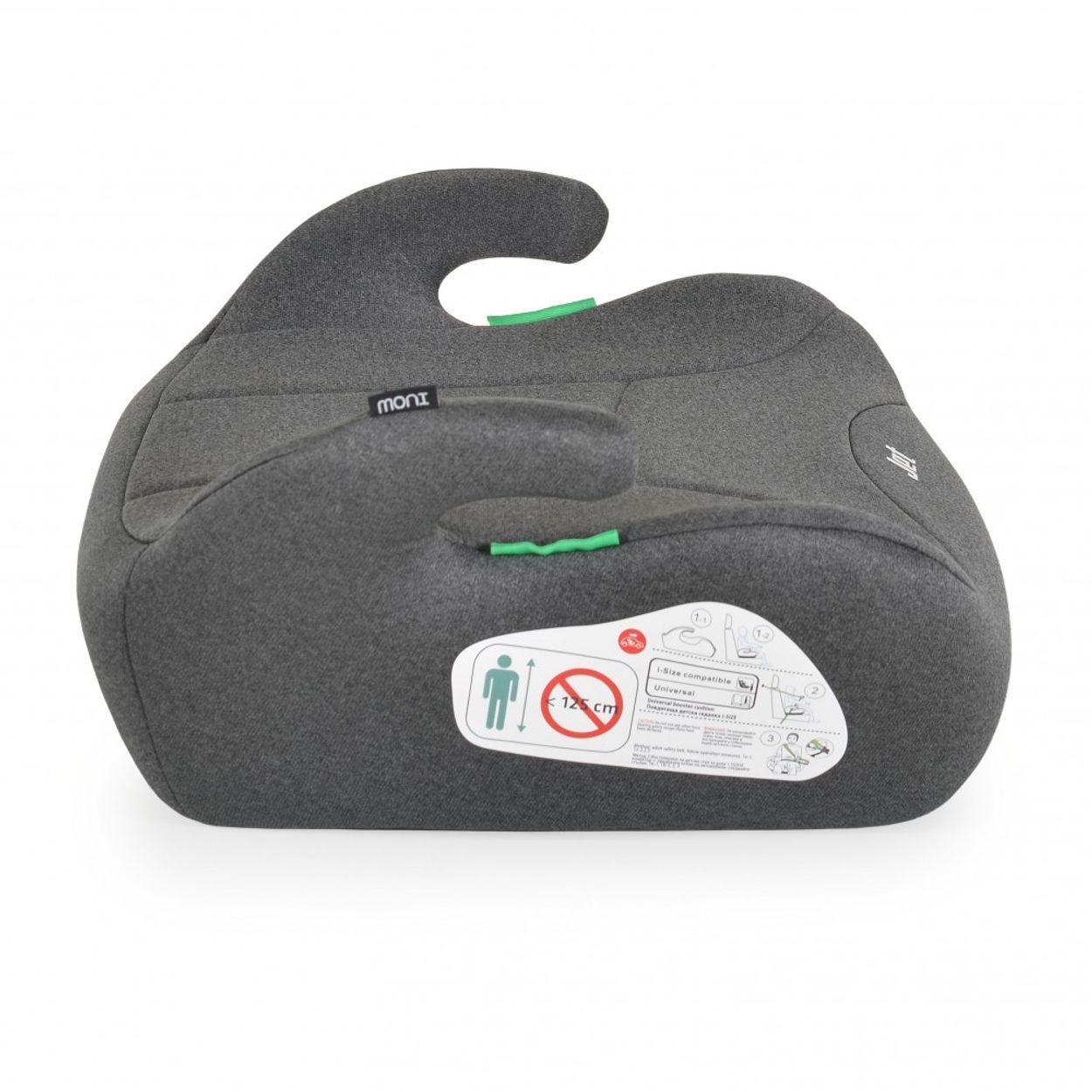 Grauer Kindersitz-Booster mit Armlehnen und Getränkehalter.