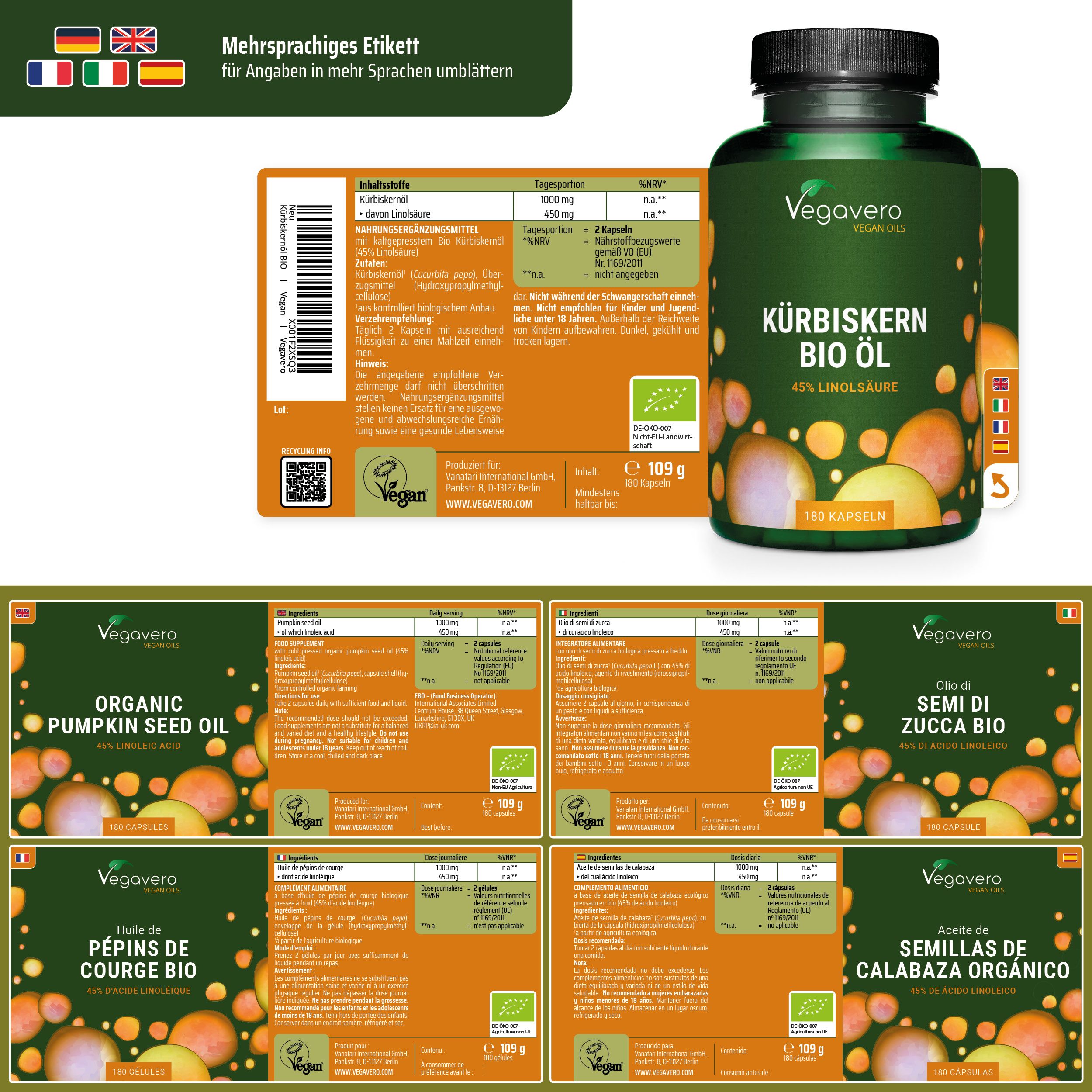 Mehrsprachiges Etikett mit Informationen. Flasche mit Kapseln. Aufschrift: Kürbiskern BIO Öl. Marke: Vegavaro.