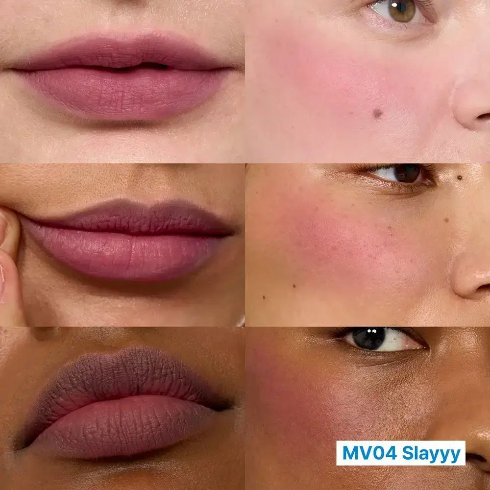 Nahaufnahmen von Lippen und Wangen mit dem Produkt. Text: MV04 Slayyy.