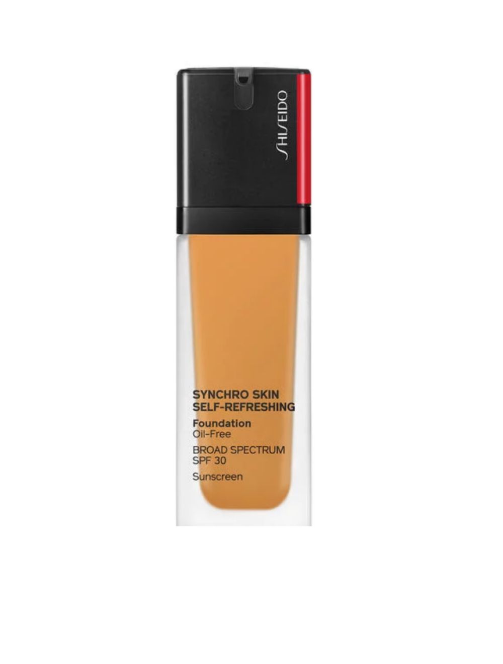 Foundation-Flasche mit schwarzem Deckel und rotem Akzent. Enthält Foundation. Text: SYNCHRO SKIN SELF-REFRESHING, Oil-Free, SPF 30.
