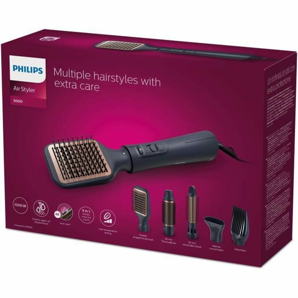 Verpackung des Airstylers mit Produkt und Zubehör. Aufschrift Philips und Air Styler.