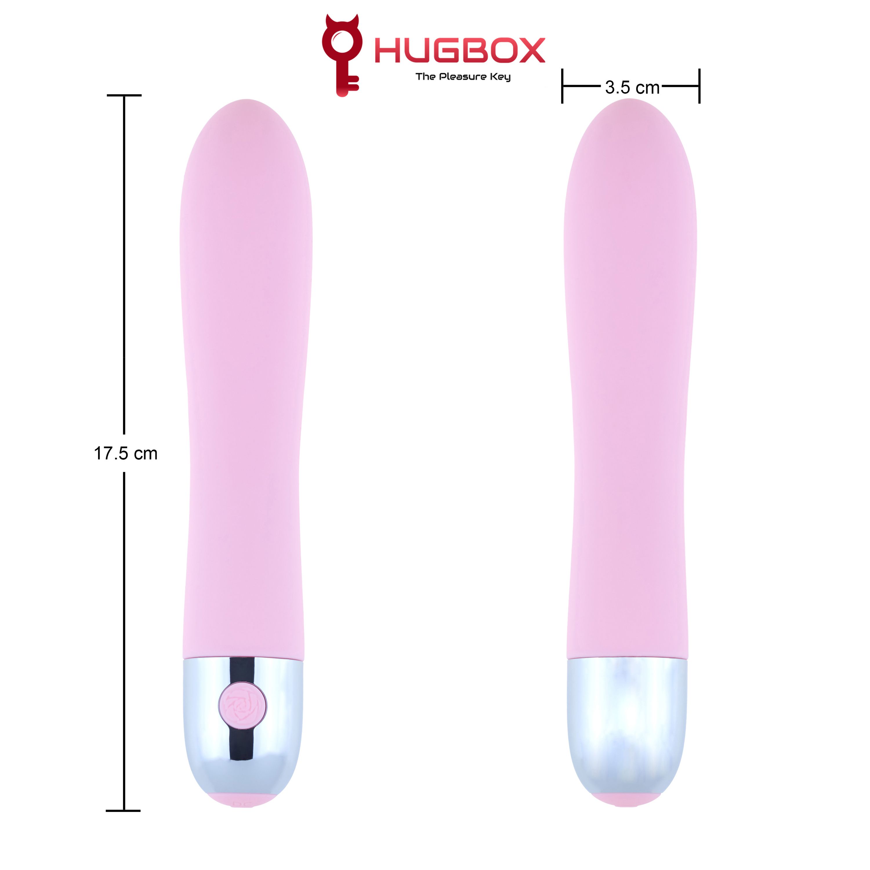 Zwei Ansichten eines rosa Vibrators. Abmessungen: 17,5 cm lang, 3,5 cm breit. Marke: HUGBOX.