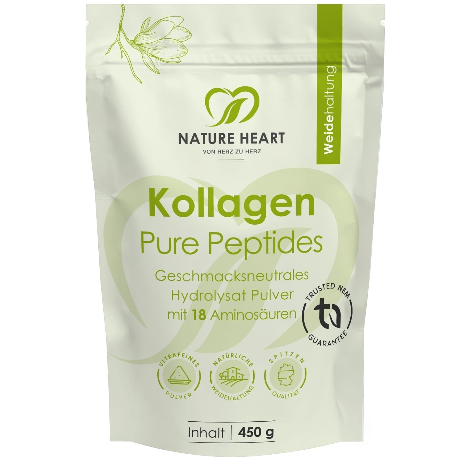 Beutel mit Nature Heart Kollagen Pure Peptides. Grün-weißes Design, Logo, Text: Kollagen, Pure Peptides, 450 g Inhalt, Trusted NEM.