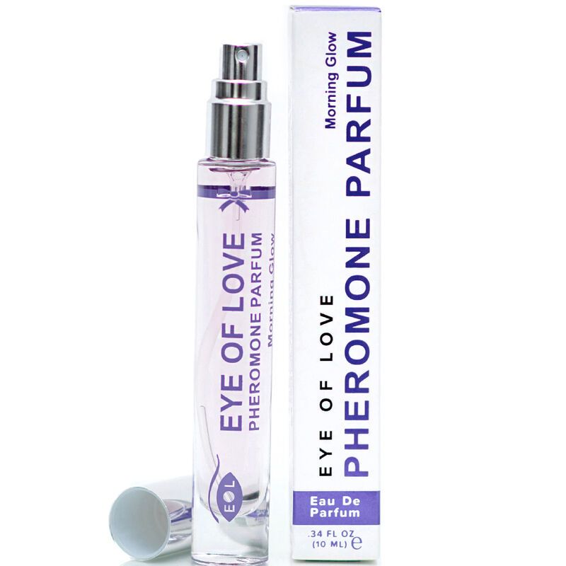 Parfumflakon und Schachtel. Aufschrift: EYE OF LOVE Pheromon Parfum. Flakon mit Zerstäuber, transparente Flüssigkeit. Schachtel mit lila Akzenten.