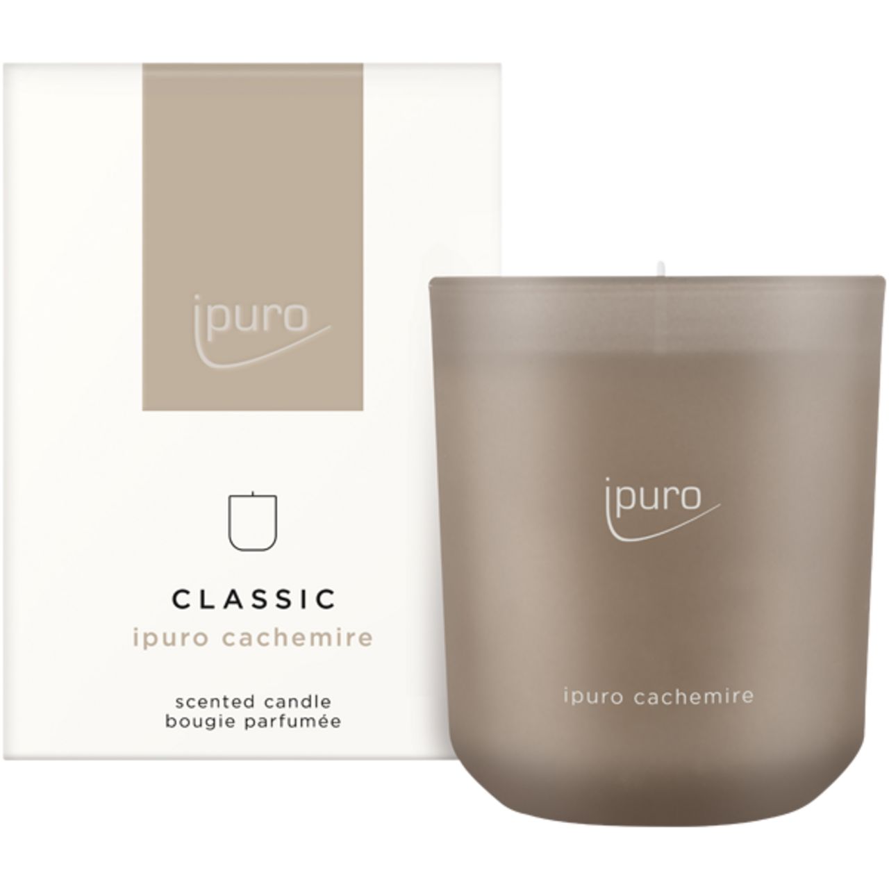 Duftkerze Ipuro Classic Cachemire mit Verpackung. Kerze in mattem Braun, Verpackung weiß mit Logo und Produktname.