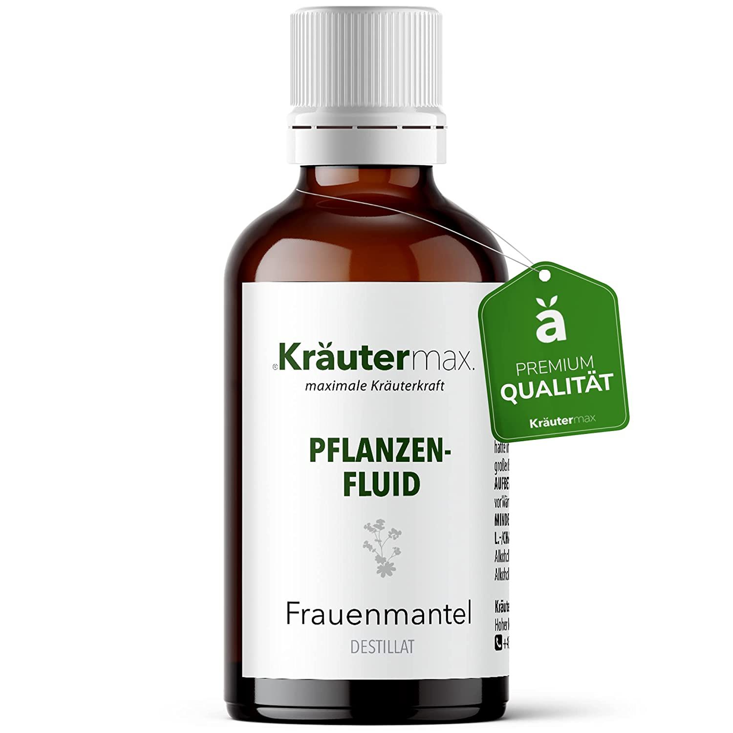 Braune Glasflasche mit weißem Etikett. Auf dem Etikett steht 'Pflanzenfluid Frauenmantel'. Ein grünes Anhängeetikett zeigt 'Premium Qualität'.