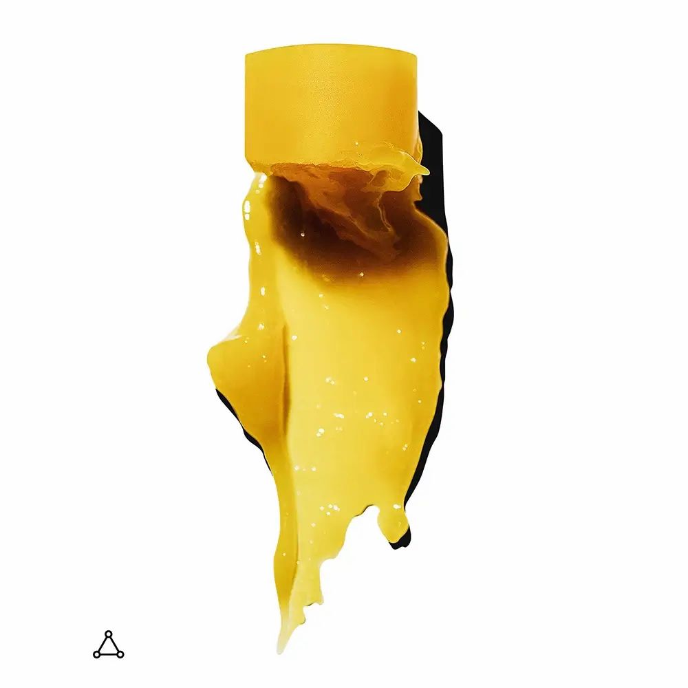 Gelbe Lippenbalsam-Substanz, die sich ausdehnt. Schwarzer Schatten. Dreipunkt-Logo.